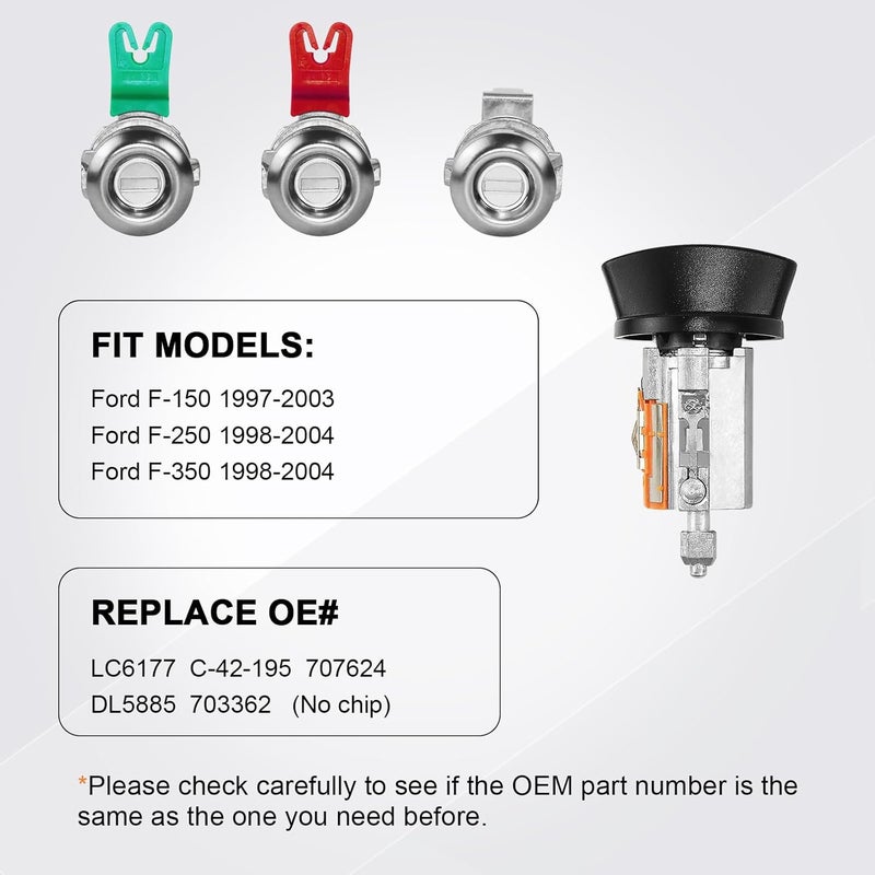 MOTORSTAR C-42-195 Ignition Switch Lock Cylinder & Door & Pickup Tailgate with Lock Pawl Lever Set w/2 Keys for Ford F-Series F150 1997-2003, F250 & F350 1998-2004, Replace# LC6177+DL5885+597638 (No Chip) - Image 4